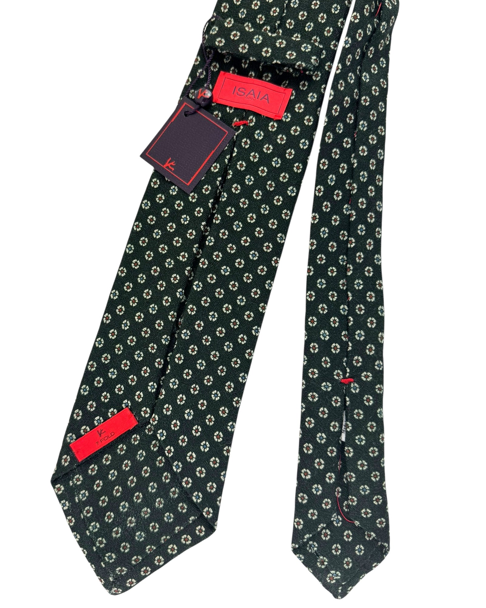 Isaia Sevenfold Tie Dark Green Geometric - Wool Silk