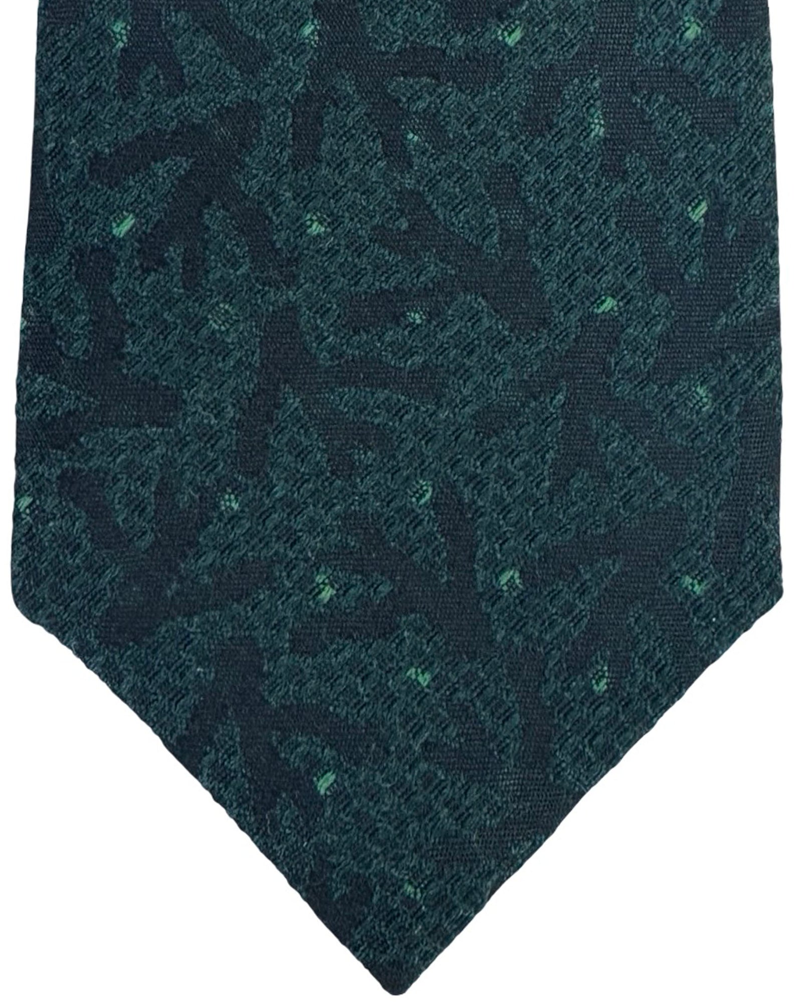 Isaia Sevenfold Tie Dark Green Coral Logo - Wool Silk Wide Necktie