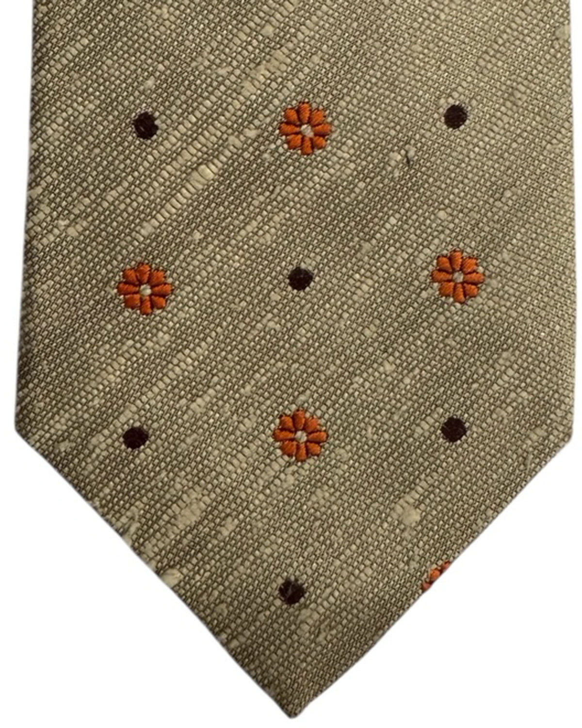 Kiton Sevenfold Tie Tan Gray With Orange Mini Flowers