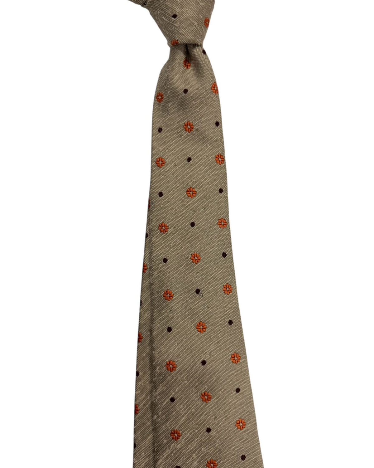 Kiton Sevenfold Tie Tan Gray With Orange Mini Flowers