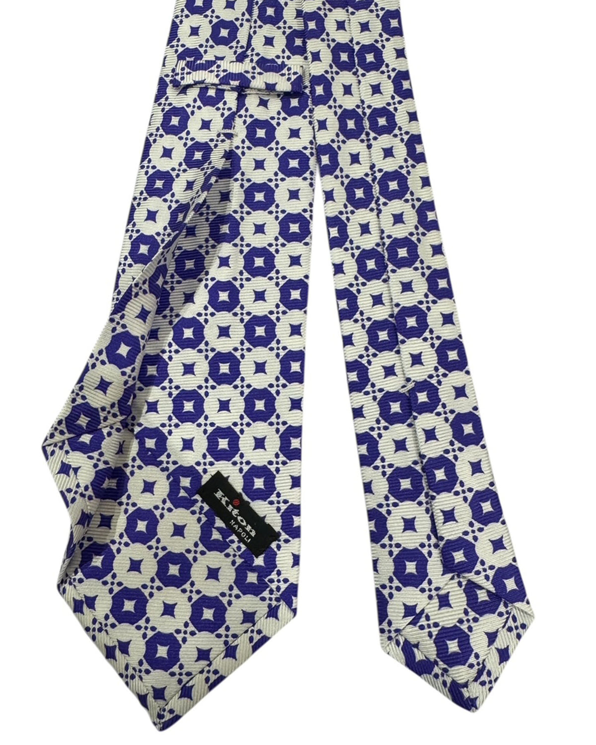Kiton Sevenfold Tie Navy Blue And Cream Geometric Circle Pattern