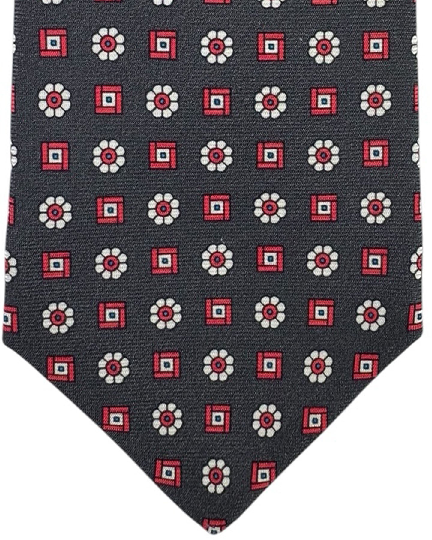 Kiton Sevenfold Tie Charcoal Gray Red Mini Flowers