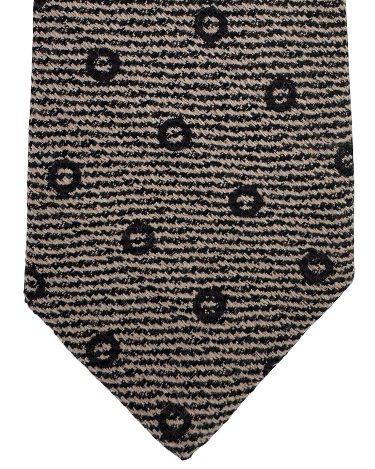 Kiton Sevenfold Tie Beige Black Circles - Wool Silk