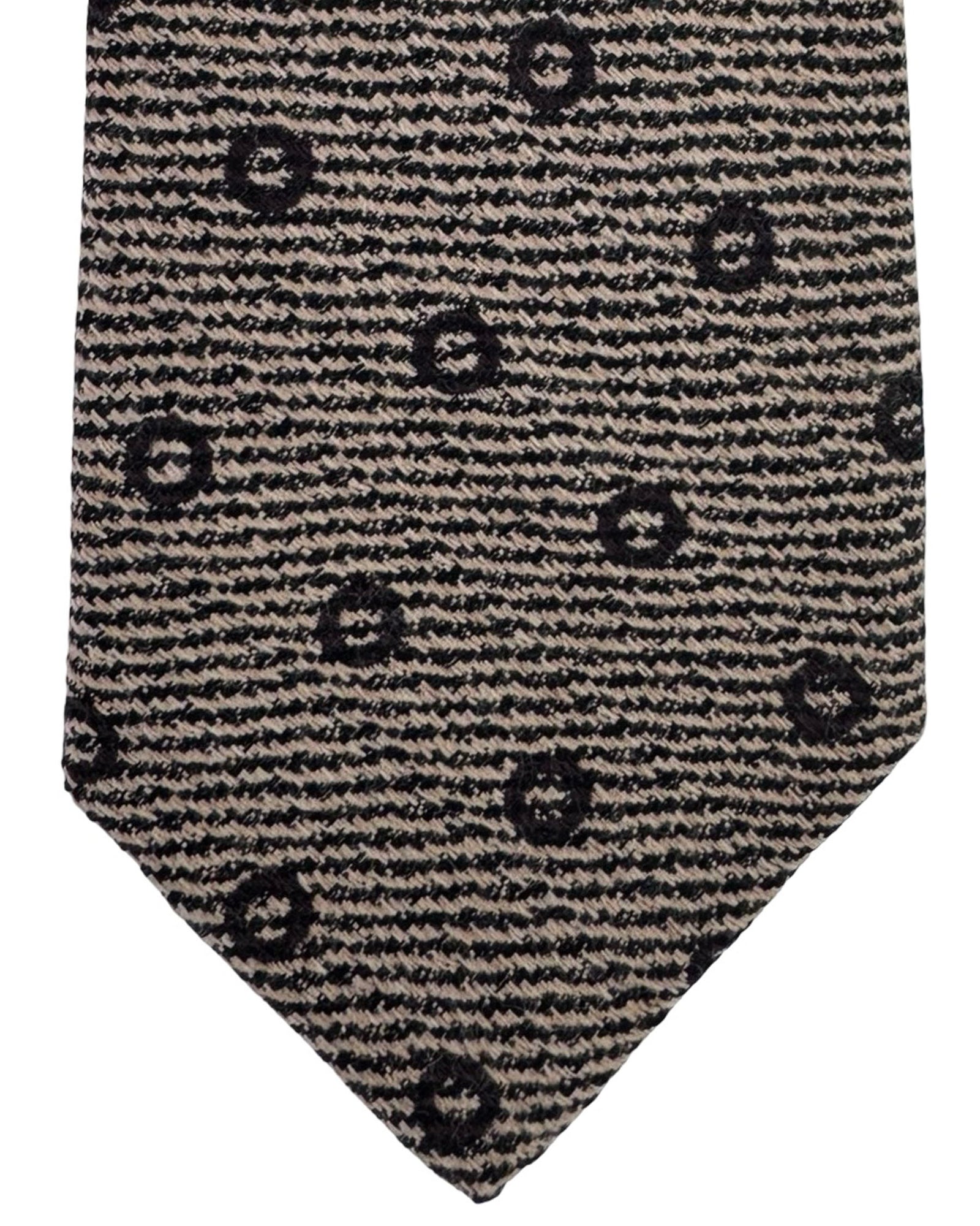 Kiton Sevenfold Tie Beige Black Circles - Wool Silk