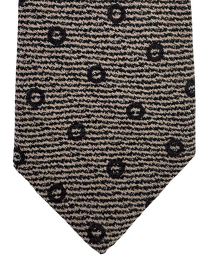 Kiton Sevenfold Tie Beige Black Circles - Wool Silk