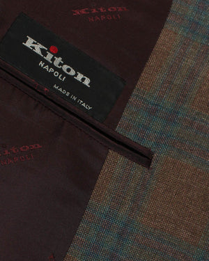 Kiton Sport Coat EU 48 - US 38 Brown Turquoise Plaid Linen Cashmere Unlined Blazer REDUCED SALE