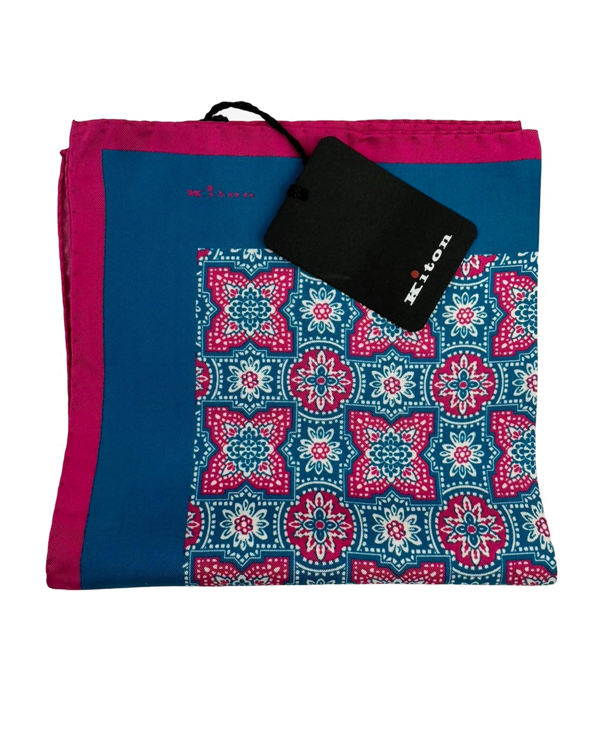 Kiton Silk Pocket Square Blue Pink Medallion