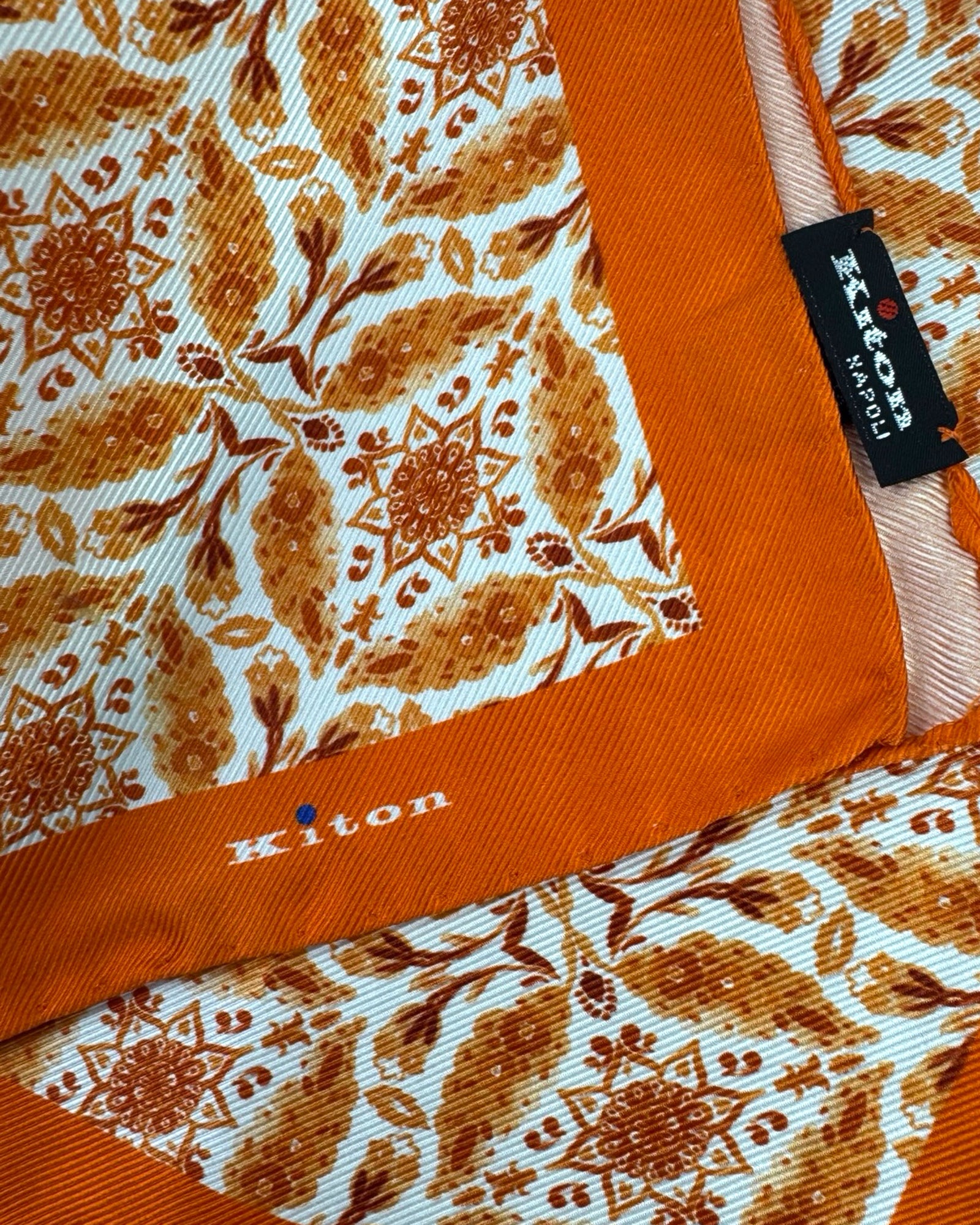 Kiton Silk Pocket Square Orange White
