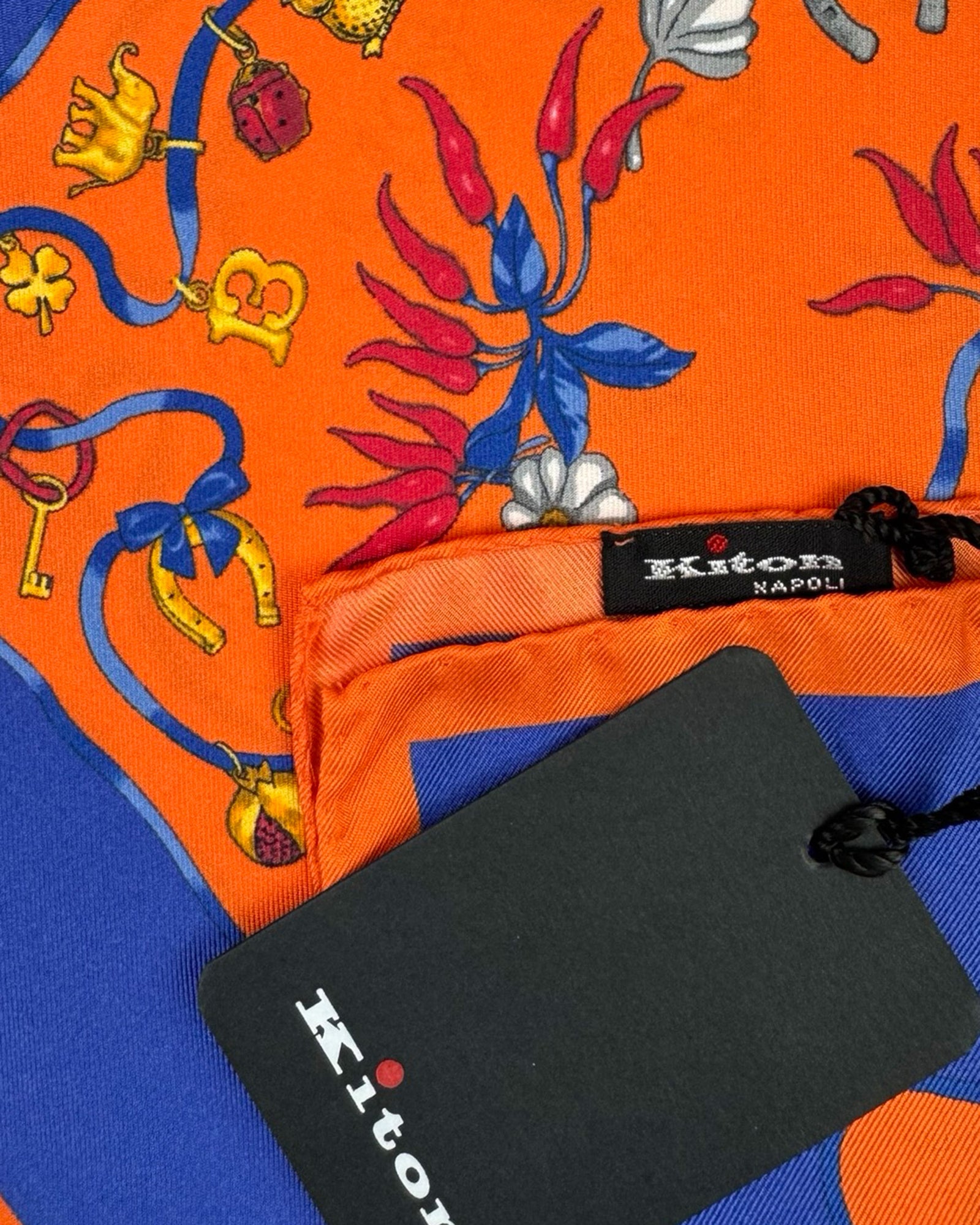 Kiton Silk Pocket Square Orange Royal Blue Design