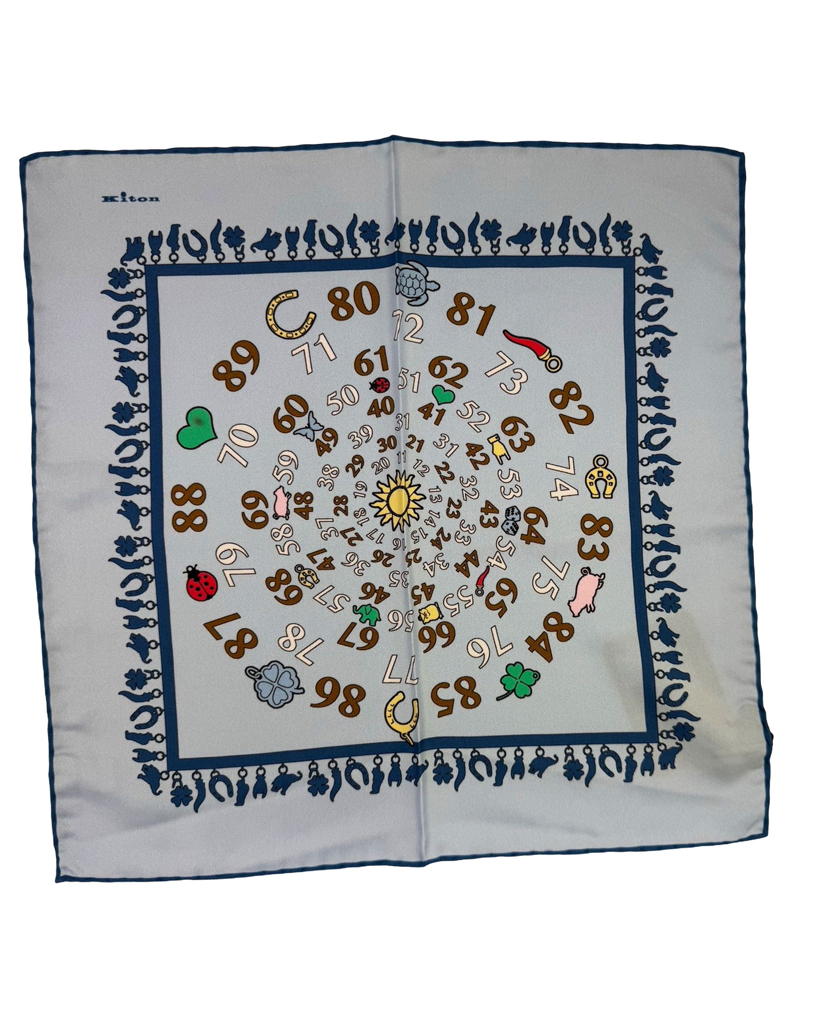 Kiton Silk Pocket Square Blue Novelty Numbers