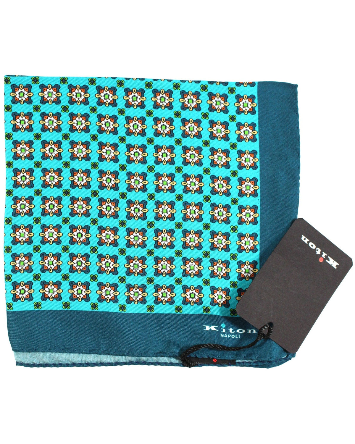 Kiton Silk Pocket Square Aqua Medallions