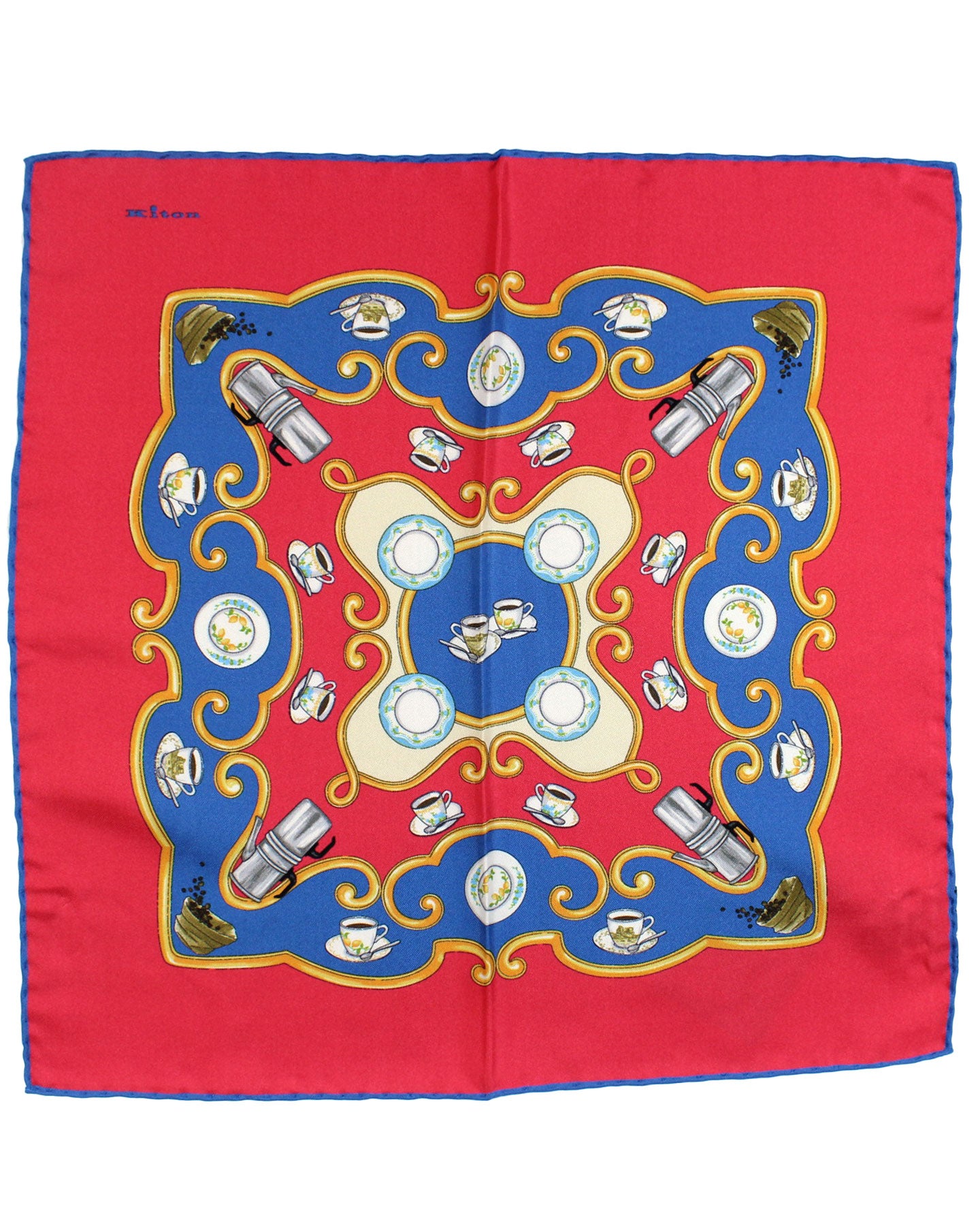 Kiton Silk Pocket Square Red Blue Coffee - Novelty
