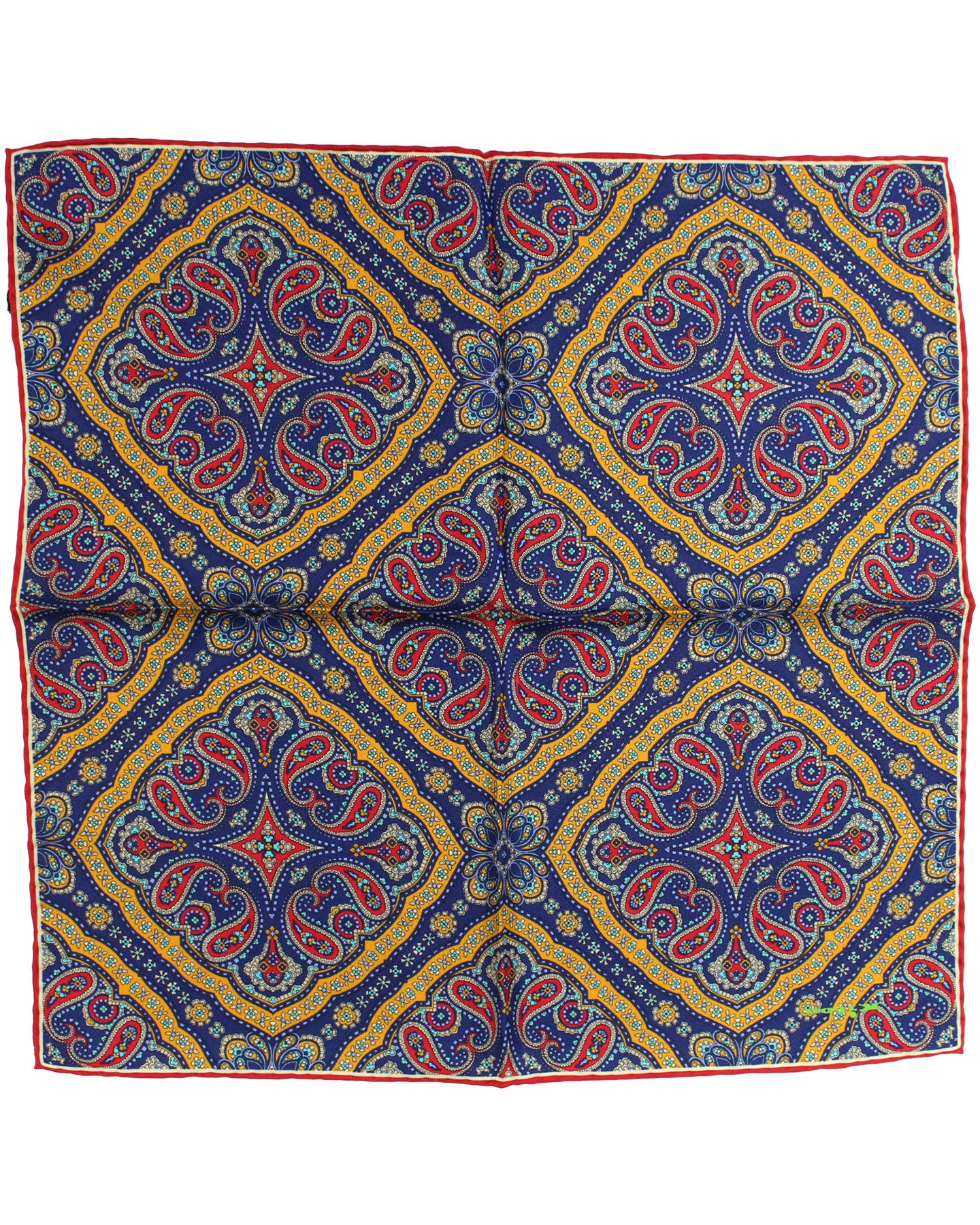 Kiton Silk Pocket Square Dark Blue Red Olive Paisley Medallions