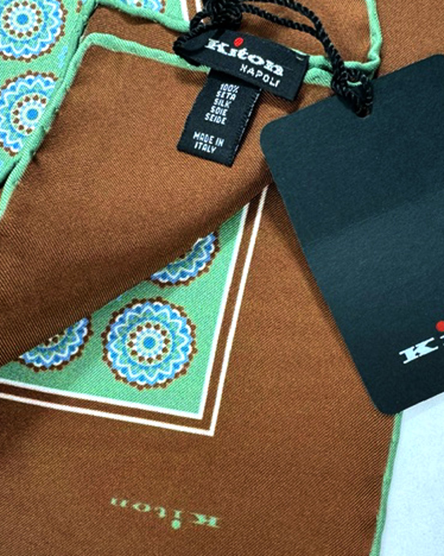 Kiton Silk Pocket Square Green Brown Medallions