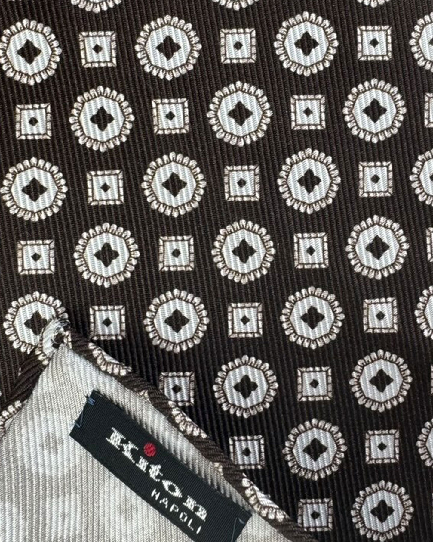 Kiton Silk Pocket Square Dark Brown Medallion
