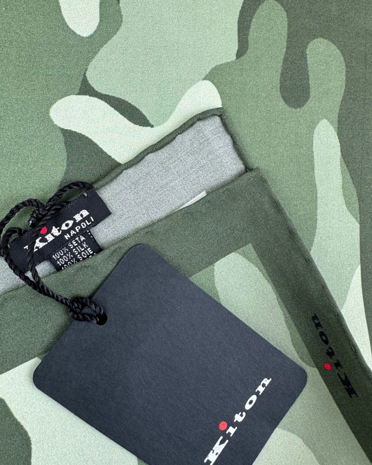 Kiton Silk Pocket Square Green Camo Design