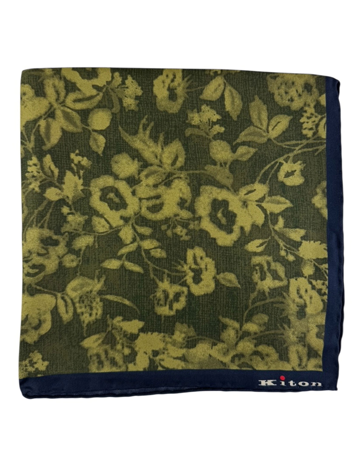 Kiton Silk Pocket Square Olive Green Navy Floral