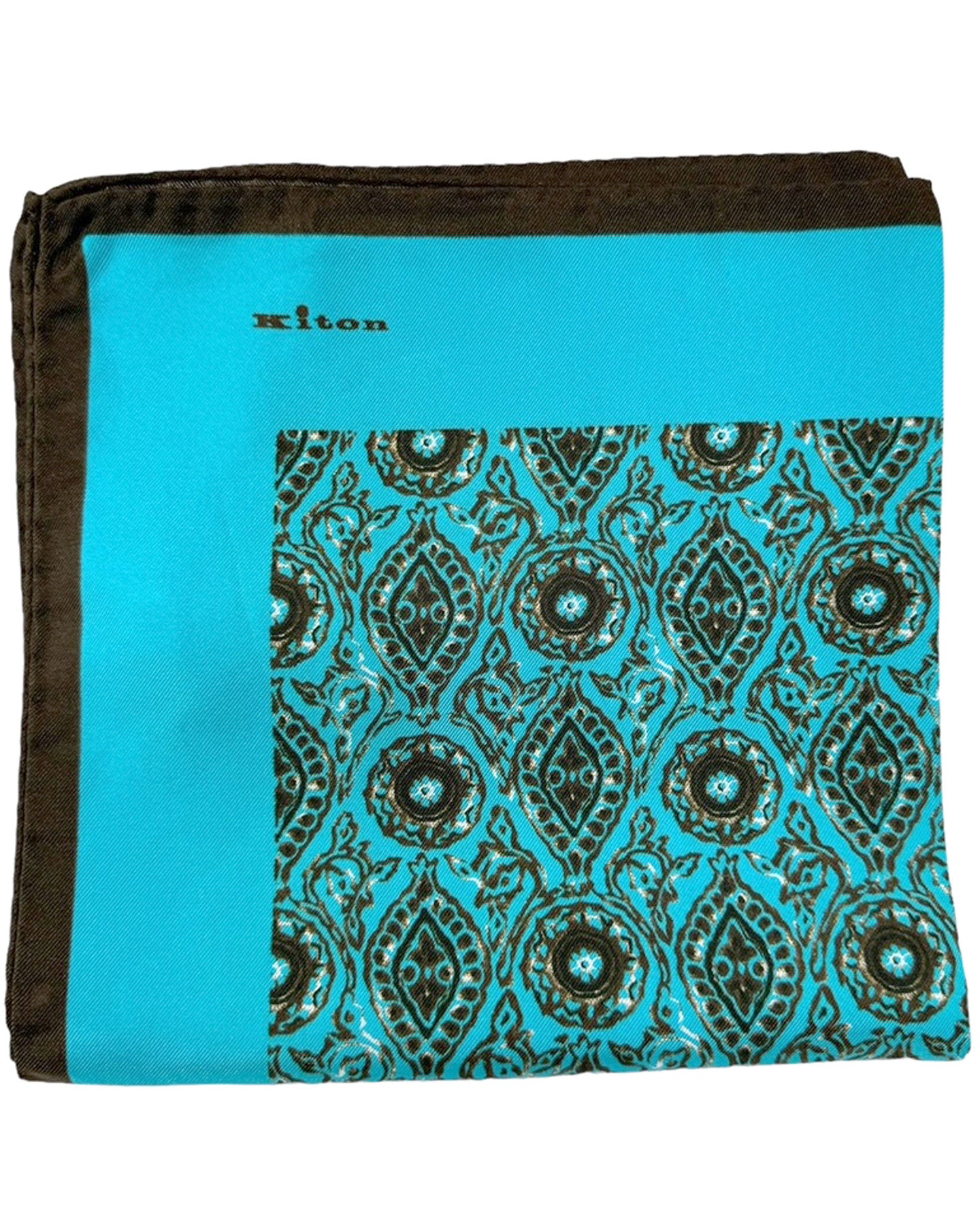Kiton Pocket Square Aqua Dark Brown Medallions SALE