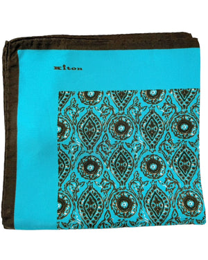 Kiton Pocket Square Aqua Dark Brown Medallions SALE