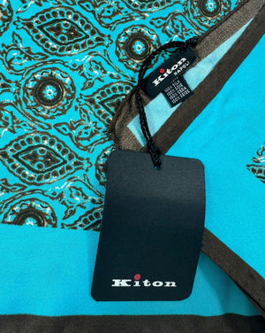 Kiton Pocket Square Aqua Dark Brown Medallions SALE