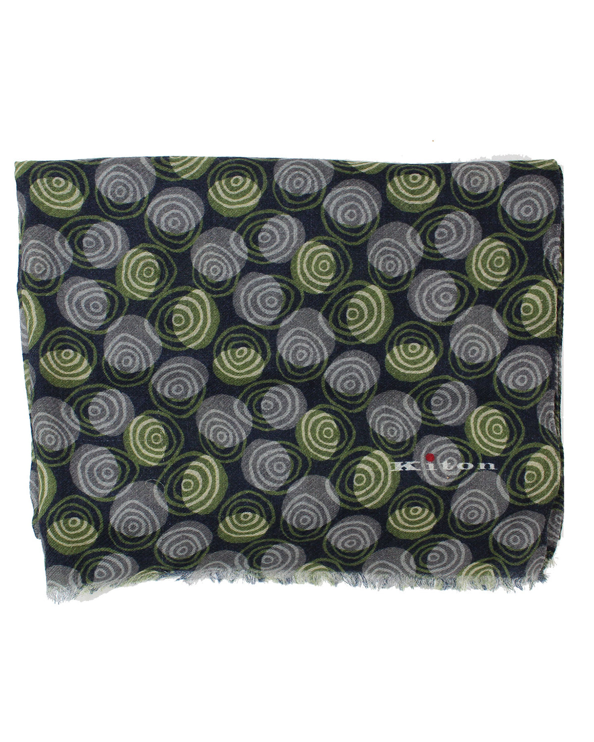 Kiton Cashmere Scarf Midnight Blue Gray Forest Green Olive Circles