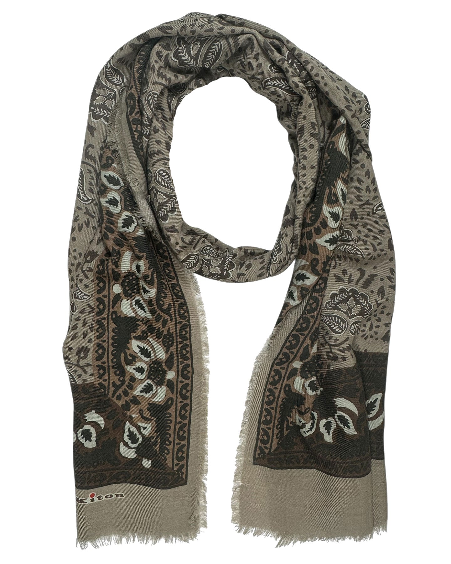 Kiton Scarf Taupe Brown Floral - Luxury Cashmere Silk Shawl SALE