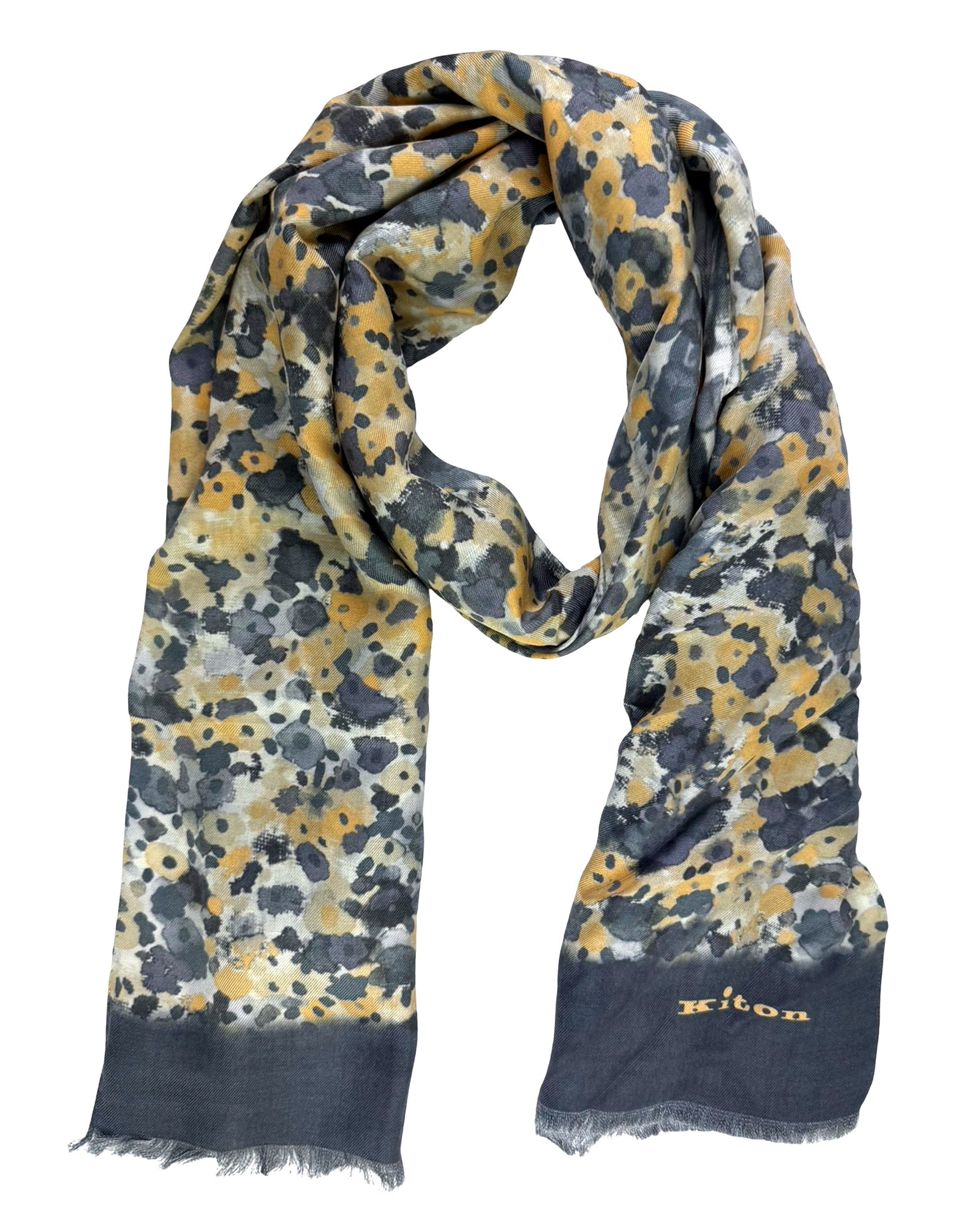 Kiton Scarf Gray Mustard Taupe Floral & Gray Reverse Design
