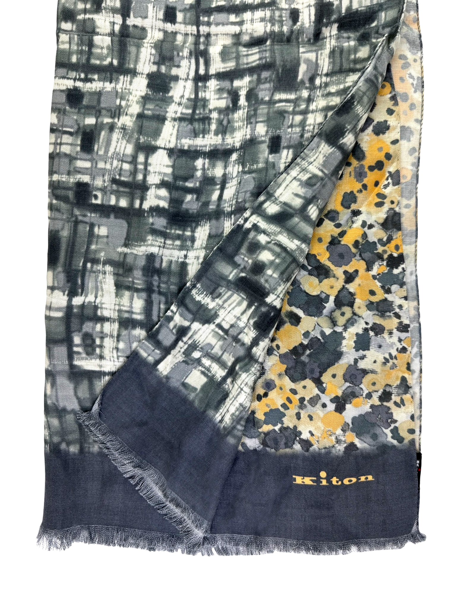 Kiton Scarf Gray Mustard Taupe Floral & Gray Reverse Design