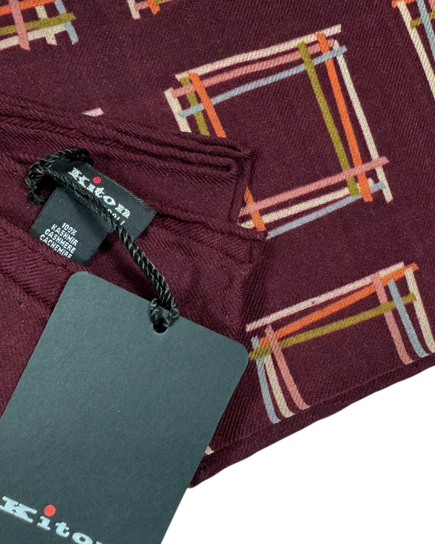 Kiton Small Cashmere Scarf Maroon Purple Geometric SALE