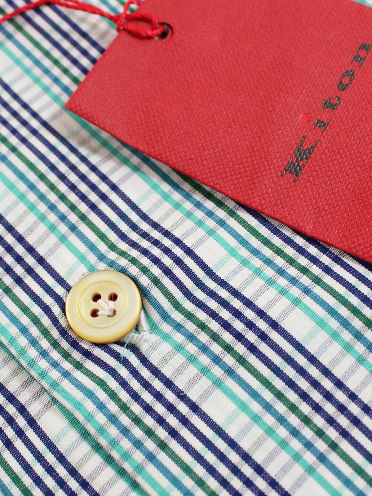 Kiton Short Sleeve Shirt White Turquoise Green Navy Check