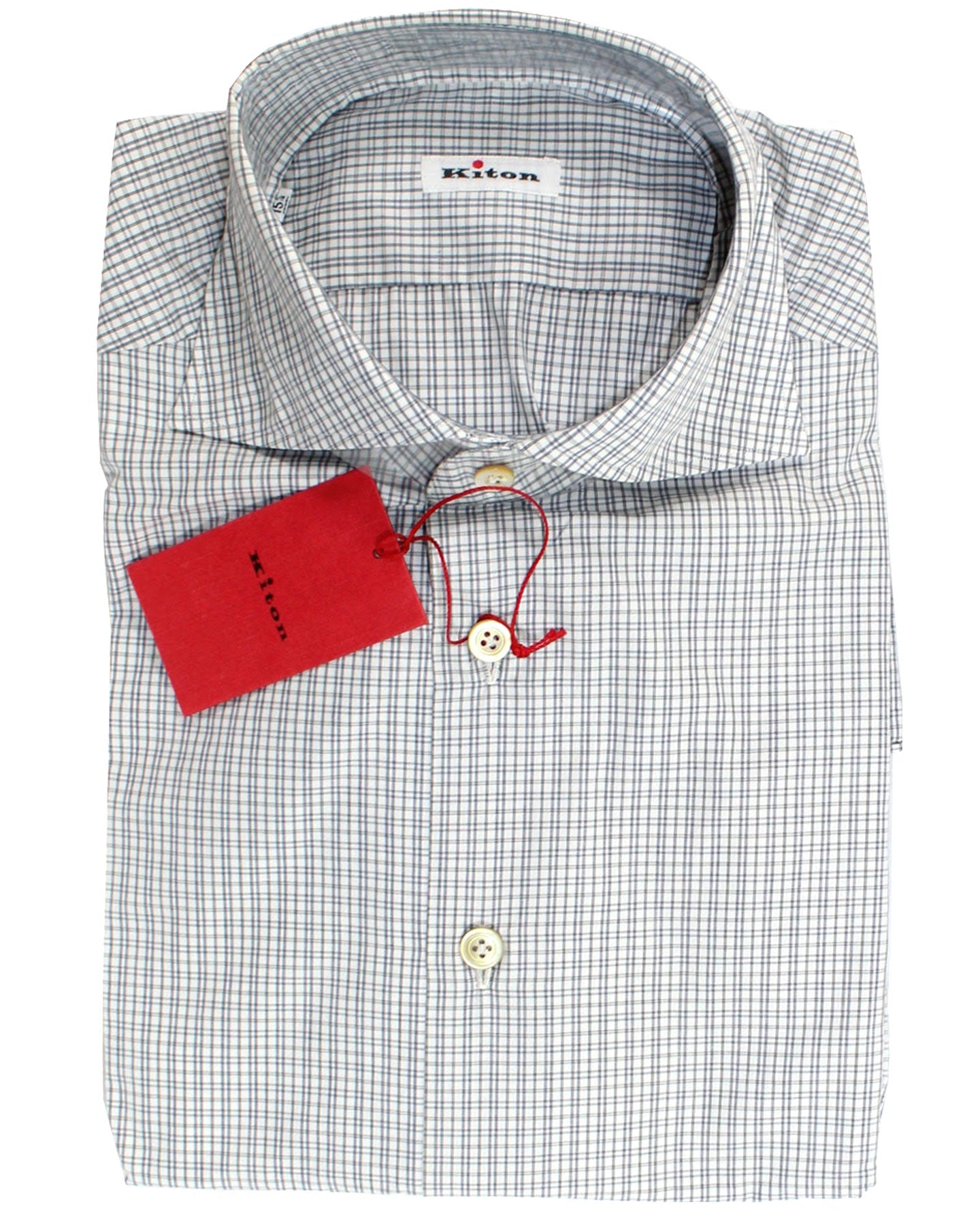 Kiton Dress Shirt White Navy Black Stripes 40 - 15 3/4