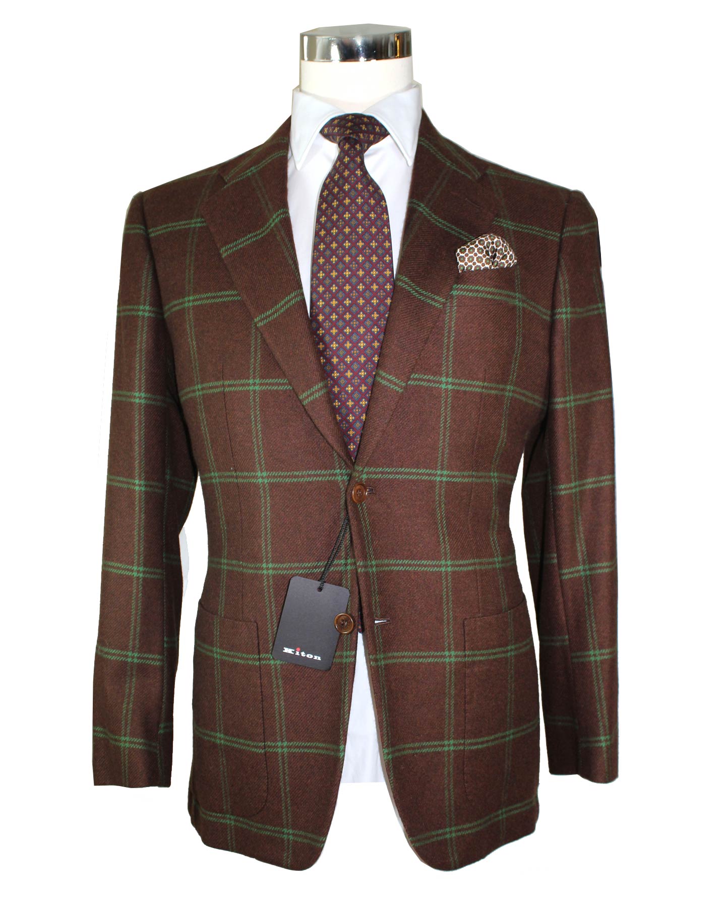 Kiton Cashmere Sport Coat Maroon Green Windowpane