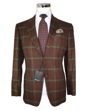 Kiton Cashmere Sport Coat Maroon Green Windowpane