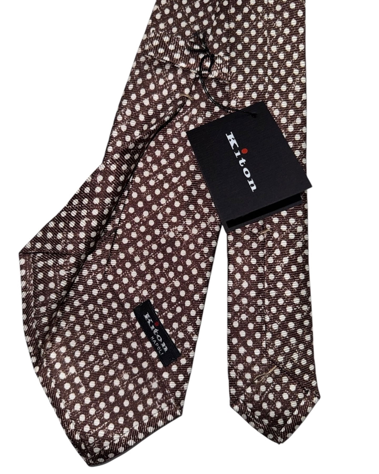 Kiton Sevenfold Tie White Brown Polka Dots - Summer 2025 Collection