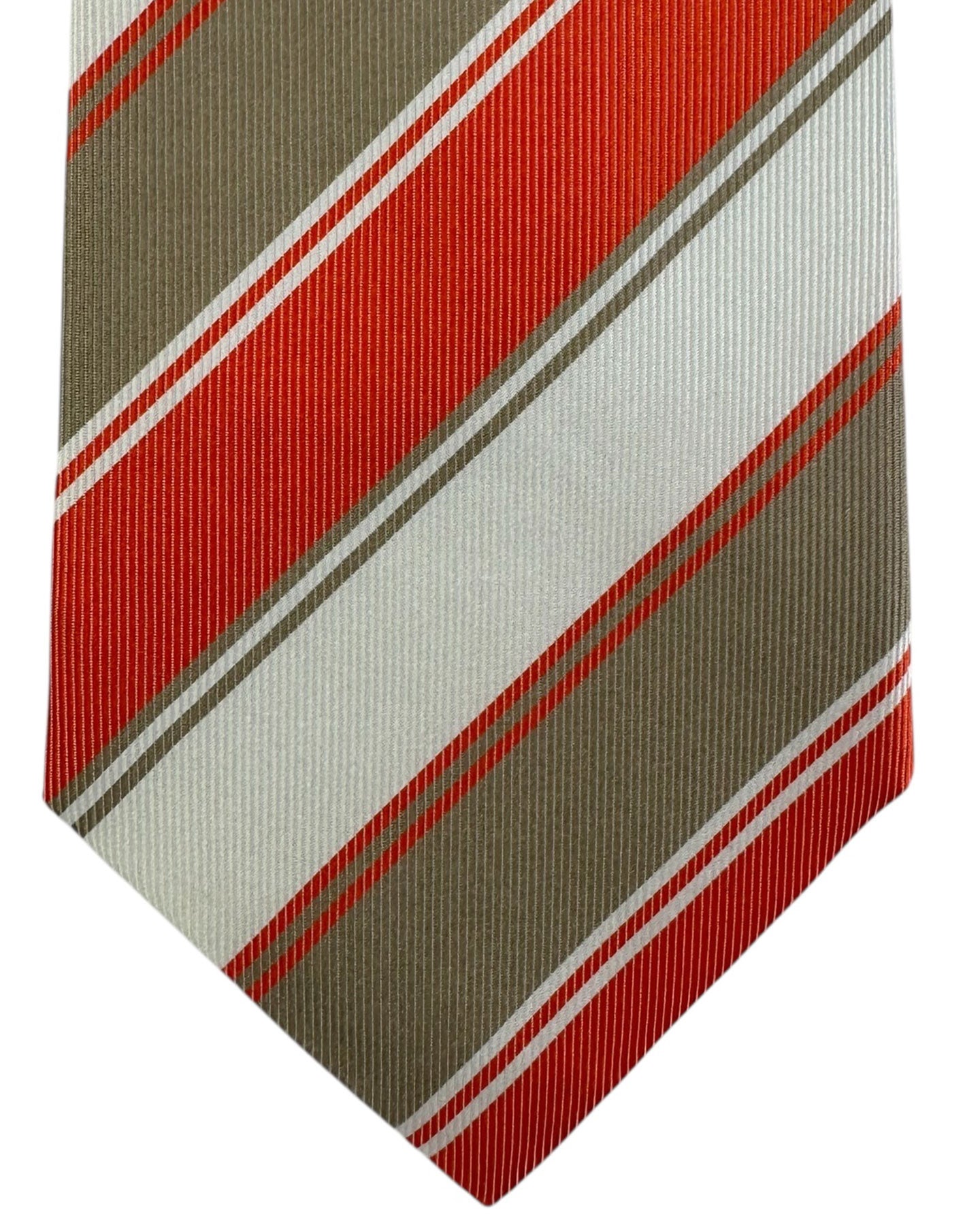 Kiton Tie  Orange Olive White Stripes   New

