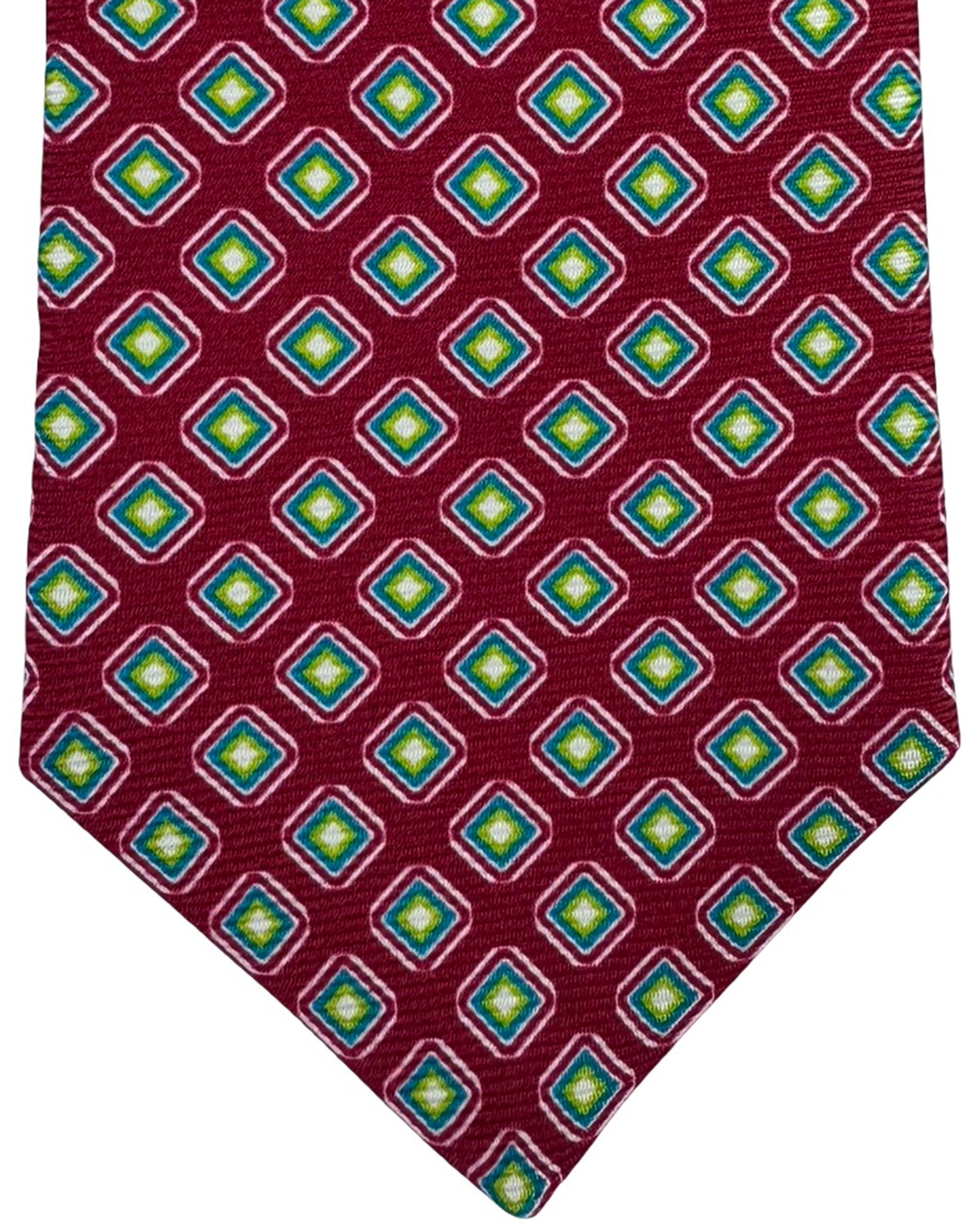 Kiton Sevenfold Tie Red Emerald Diamond Medallion Pattern