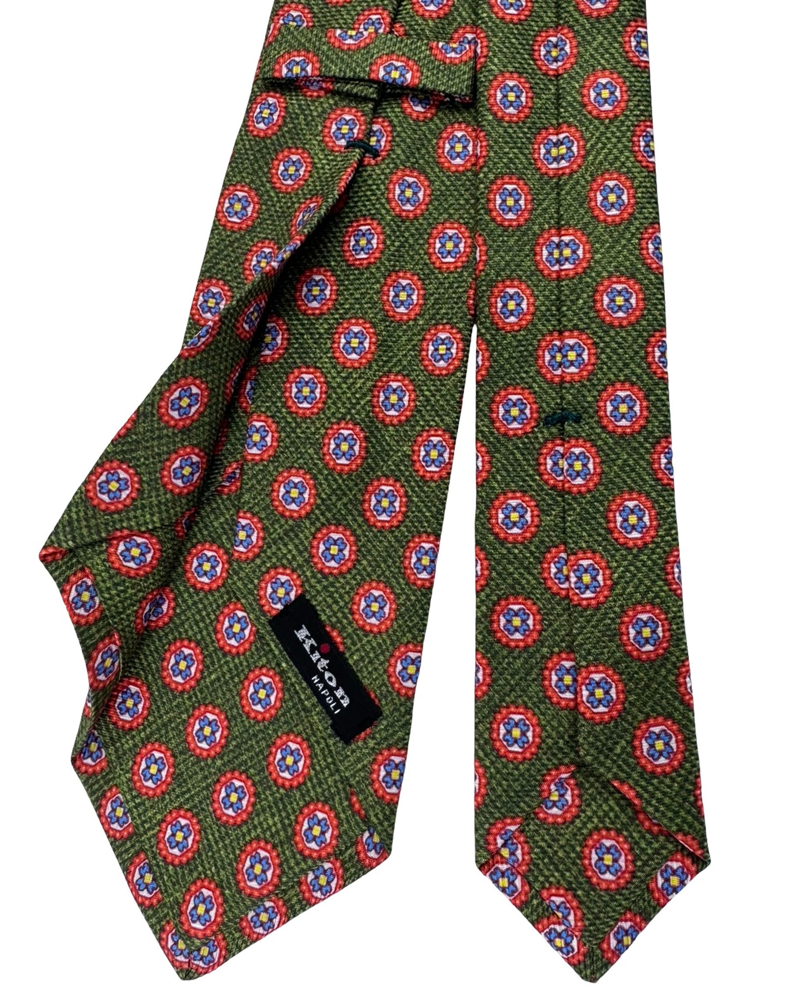 Kiton Sevenfold Tie Forest Green And Red Floral Medallion Pattern