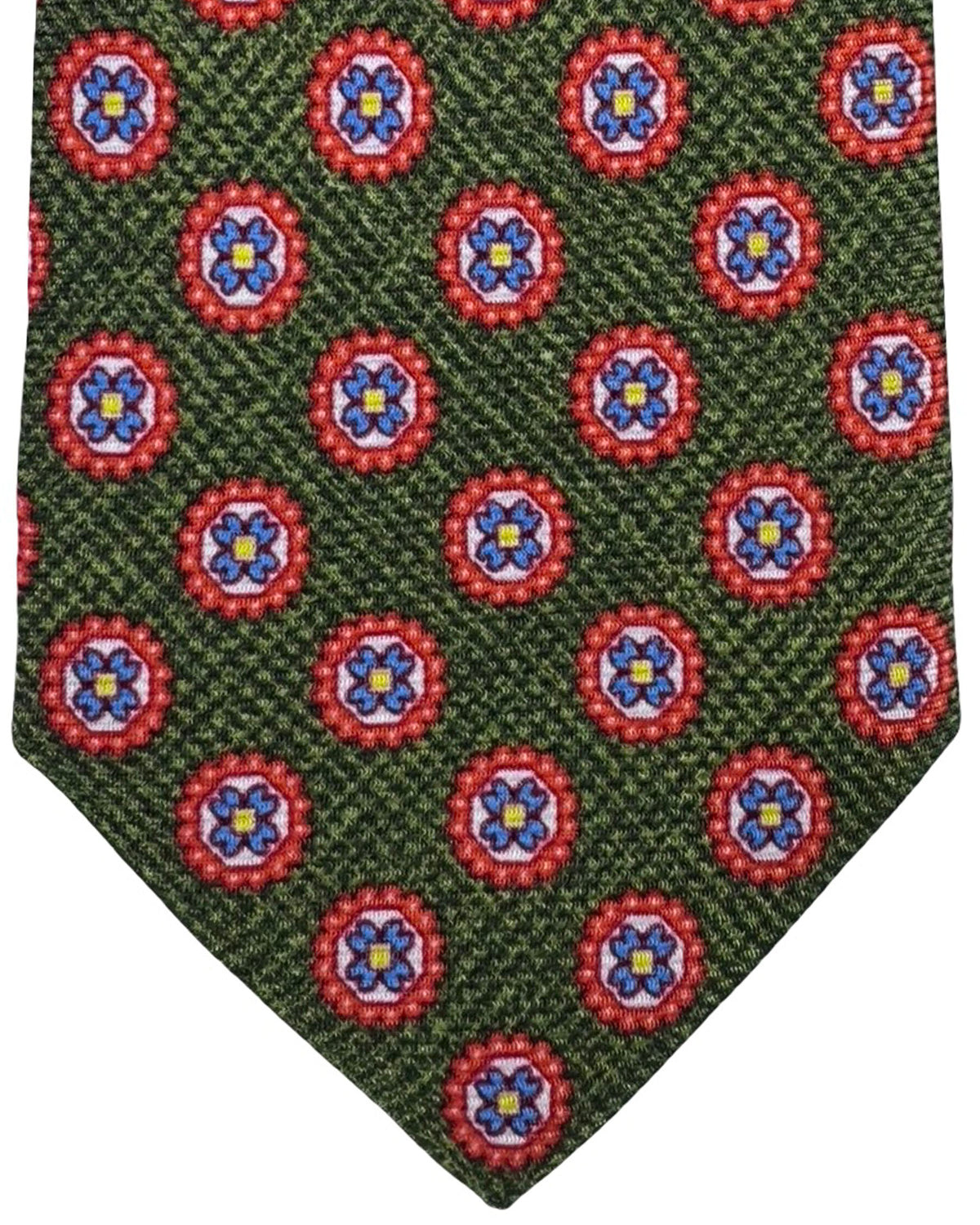 Kiton Sevenfold Tie Forest Green And Red Floral Medallion Pattern