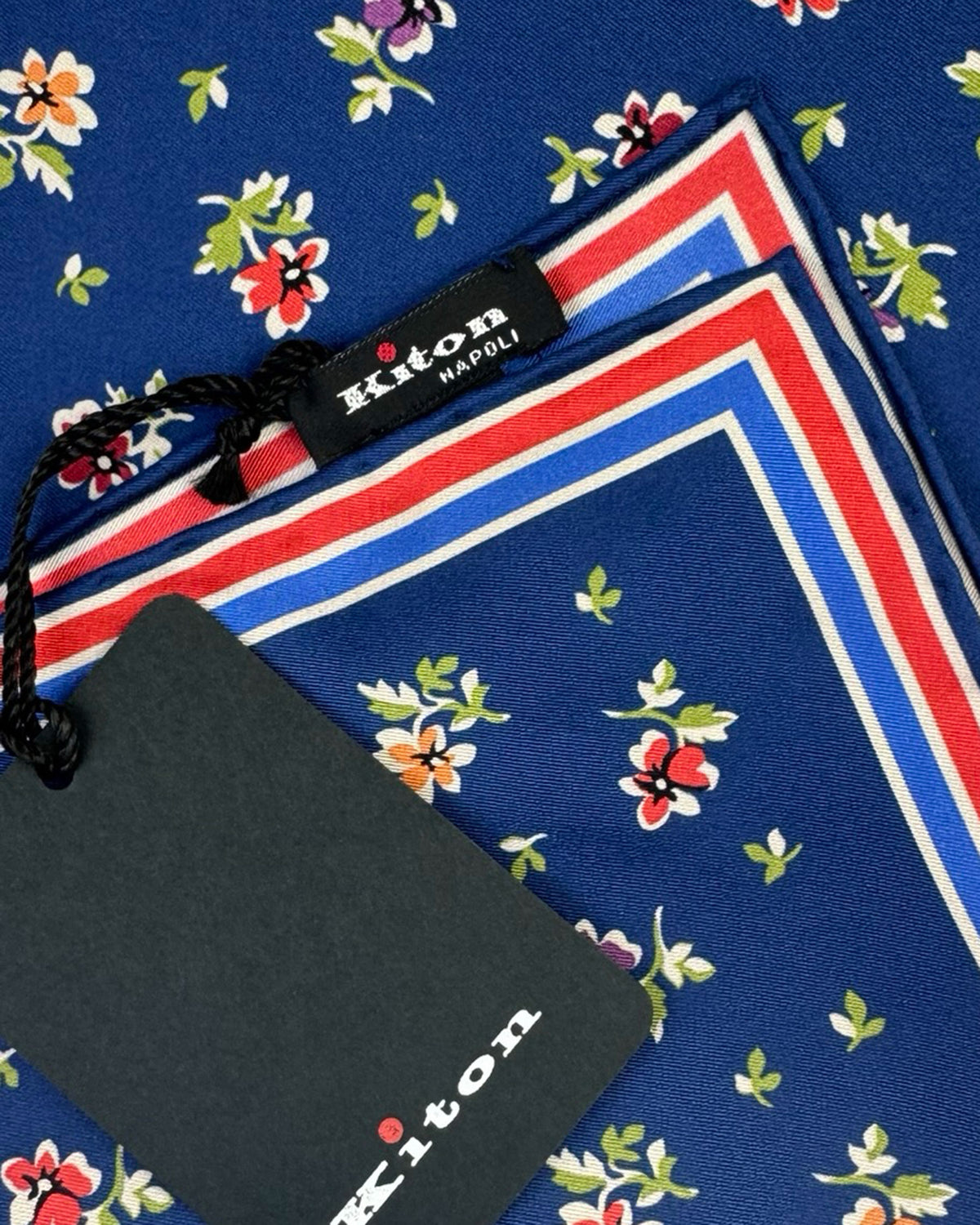 Kiton Silk Pocket Square Navy Floral