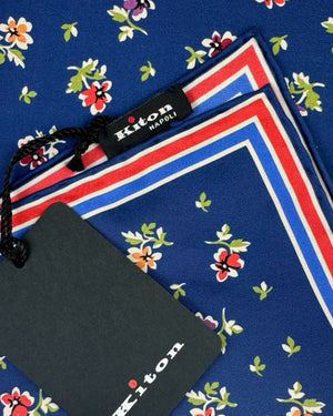 Kiton Silk Pocket Square Navy Floral