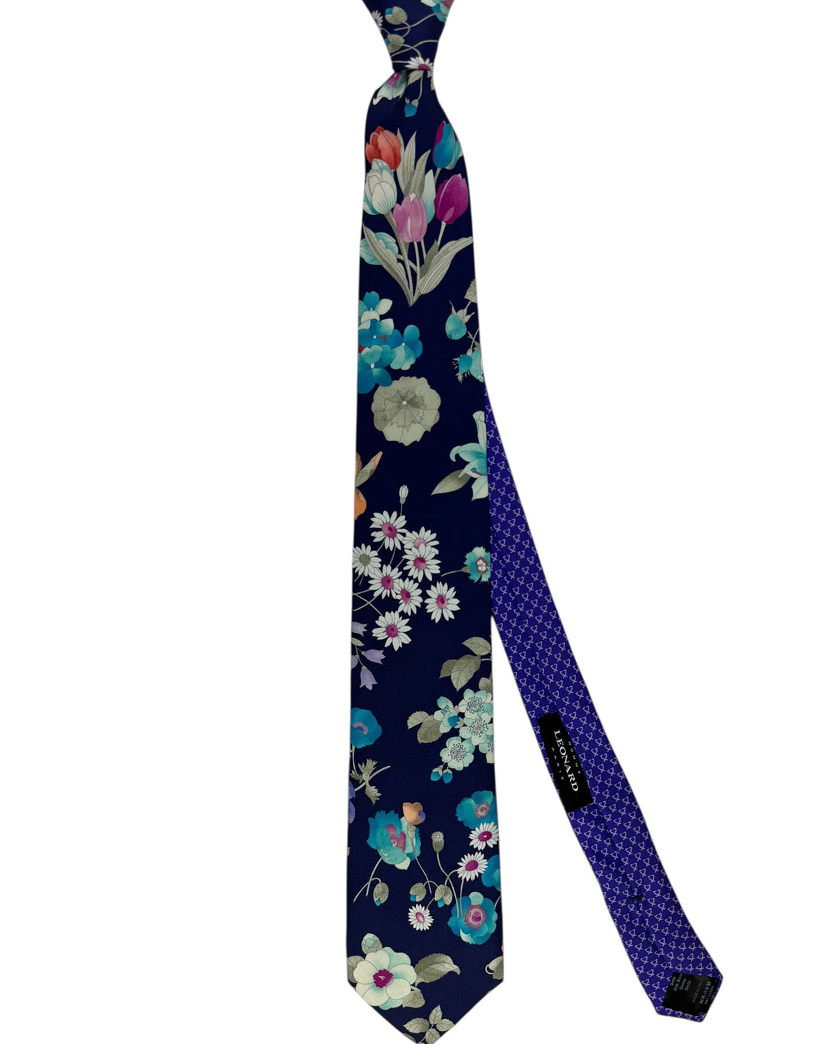 Leonard Paris Silk Tie Navy Garden Floral with Turquoise Blooms