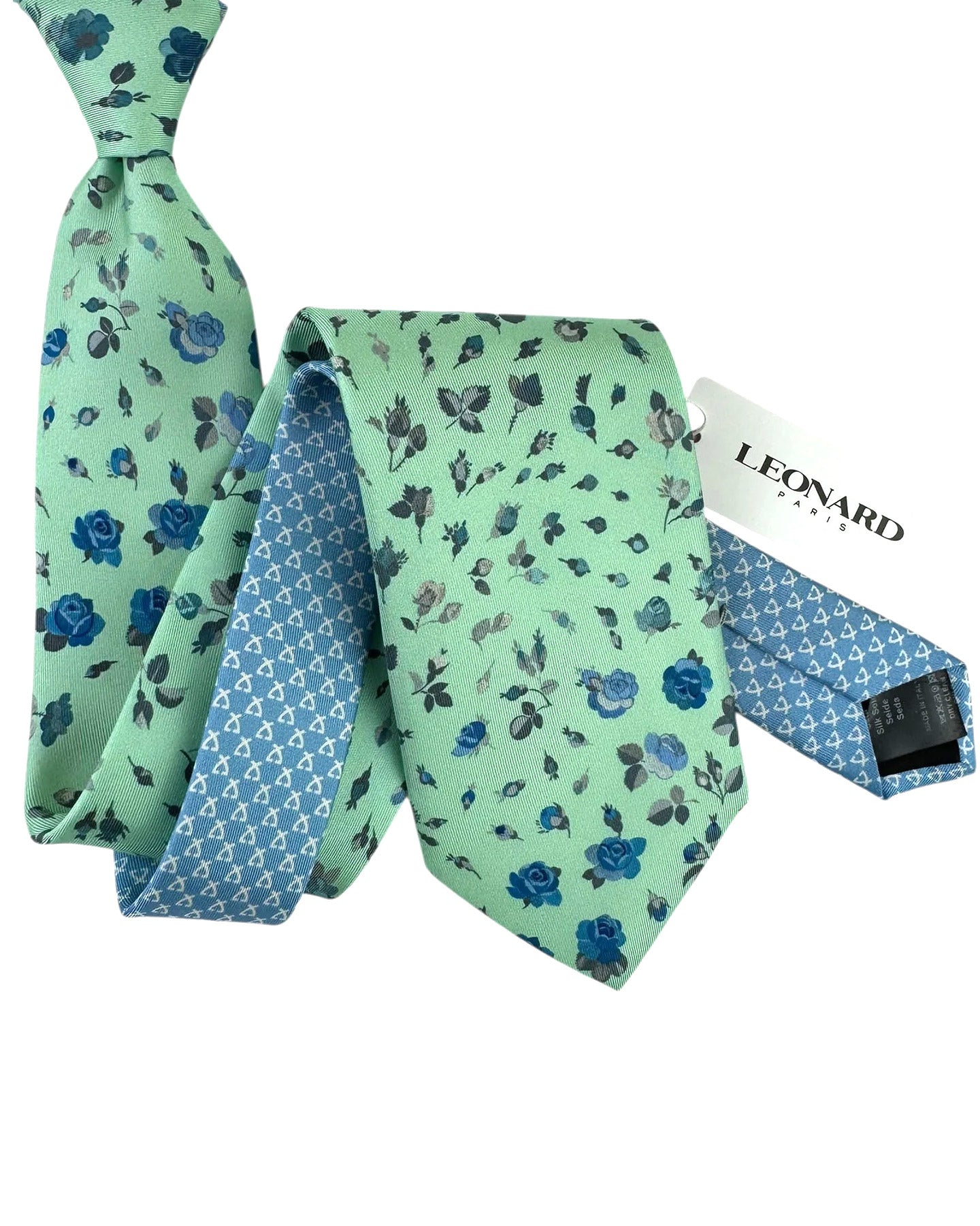 Leonard Paris Silk Tie Mint Green Blue Rose Garden
