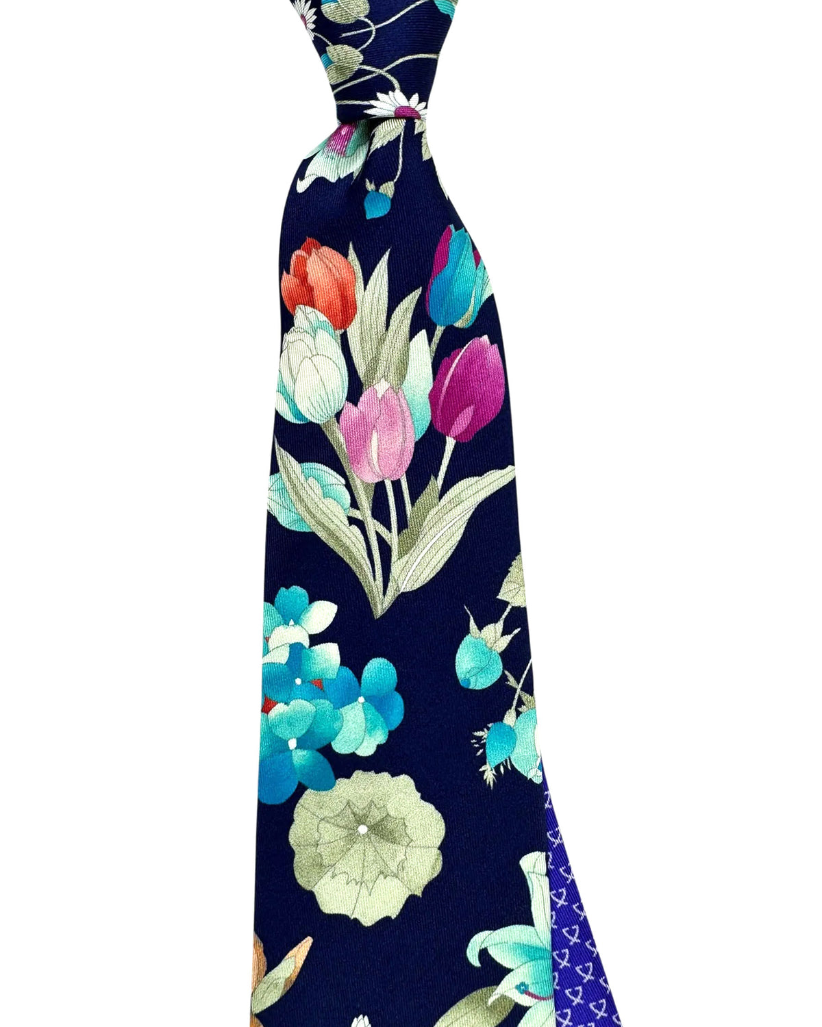 Leonard Paris Silk Tie Navy Garden Floral with Turquoise Blooms