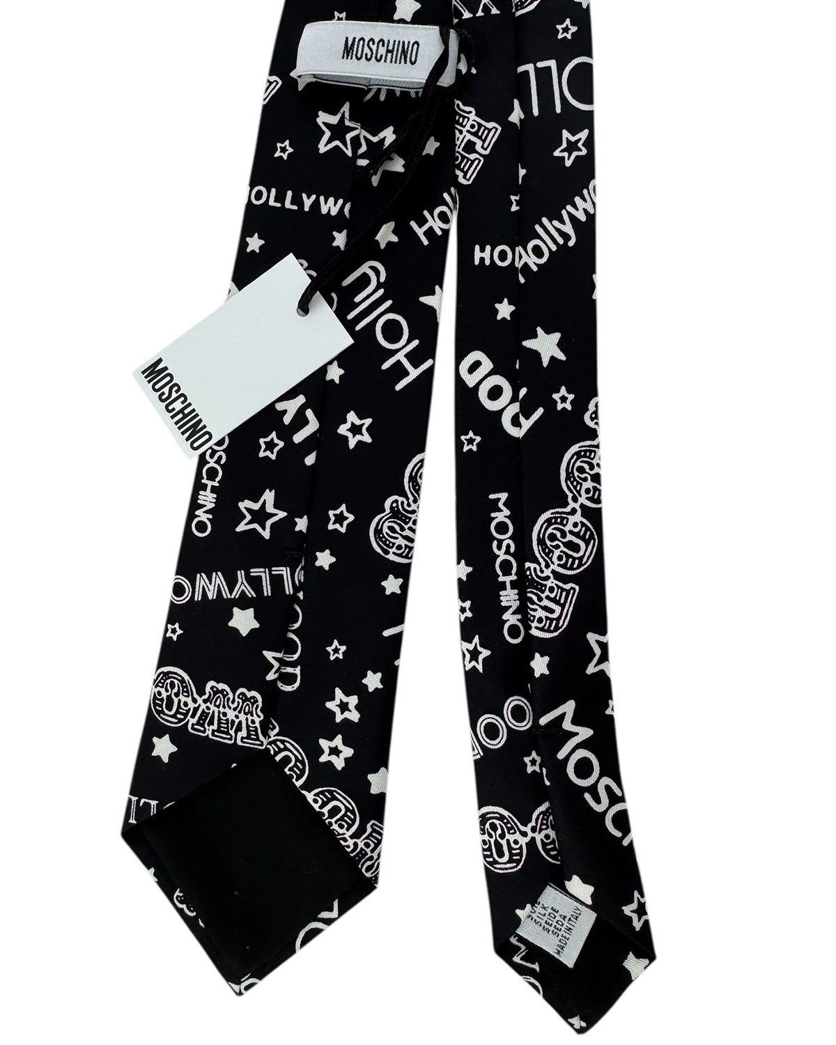 Moschino Silk Tie Black White Designer Logo & Stars