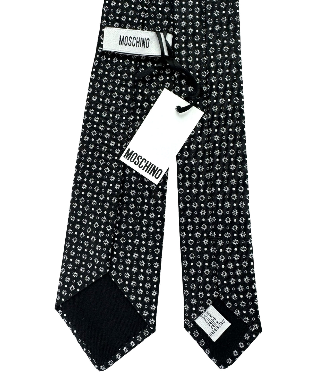 Moschino Silk Tie Black Silver Geometric Design