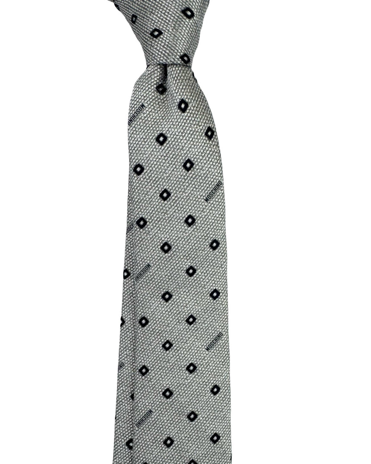 Moschino Silk Tie Silver Grey Logo Mini Squares