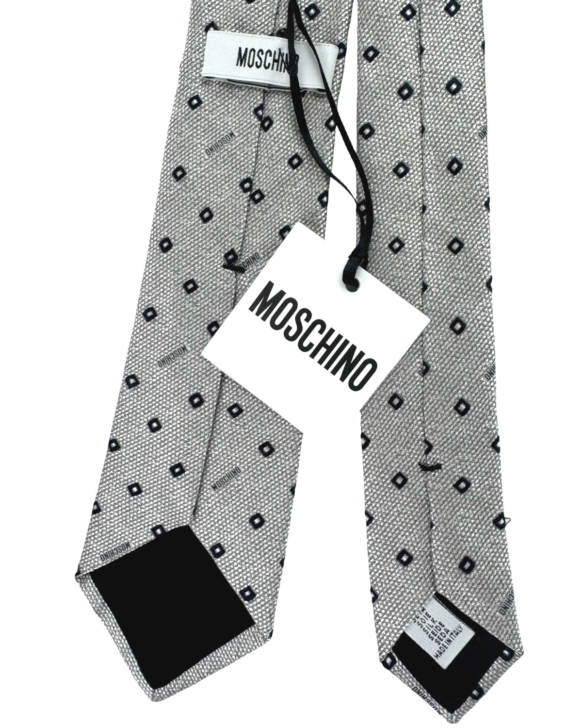 Moschino Silk Tie Silver Grey Logo Mini Squares