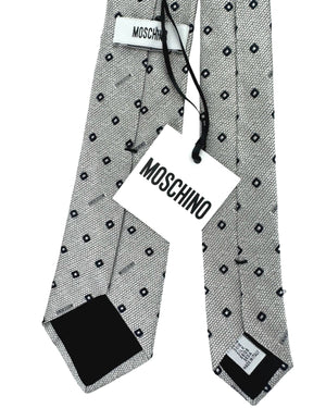 Moschino Silk Tie Silver Grey Logo Mini Squares