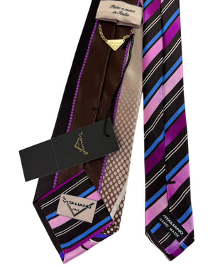Vitaliano Pancaldi Silk Tie Black with Purple Geometric Stripes