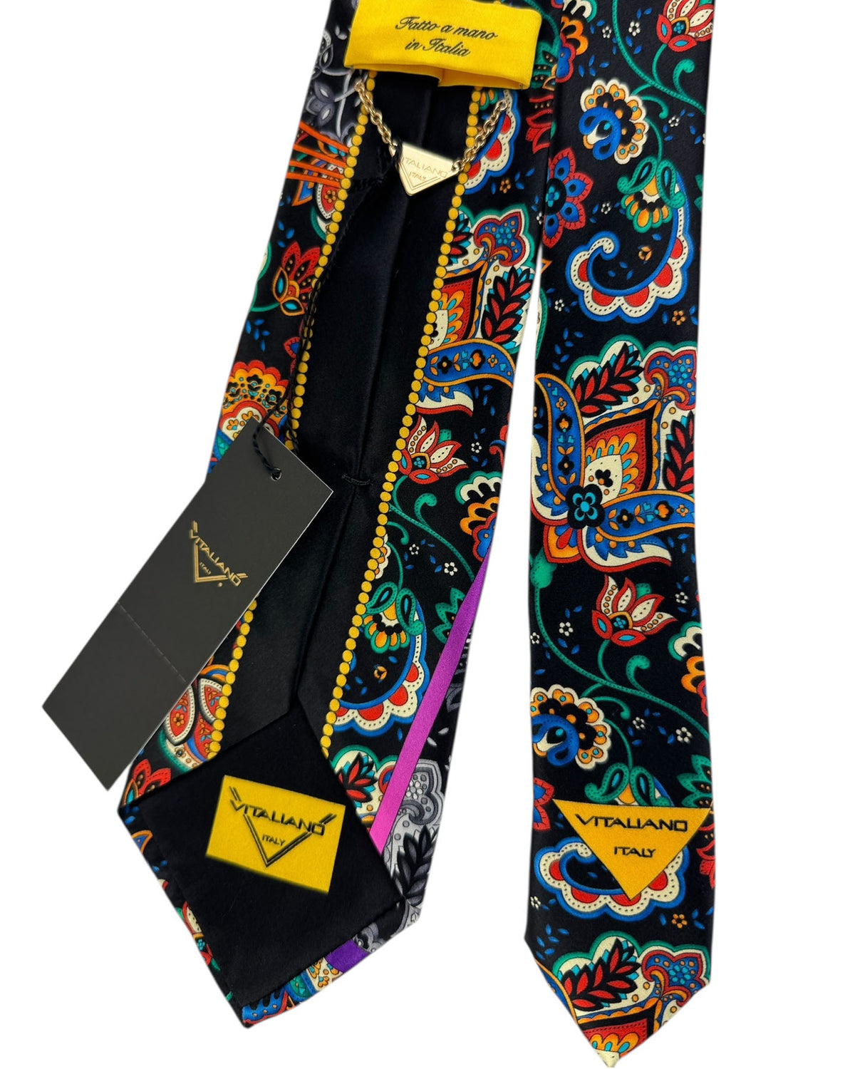 Vitaliano Pancaldi Silk Tie Black With Vibrant Multicolor Paisley Pattern